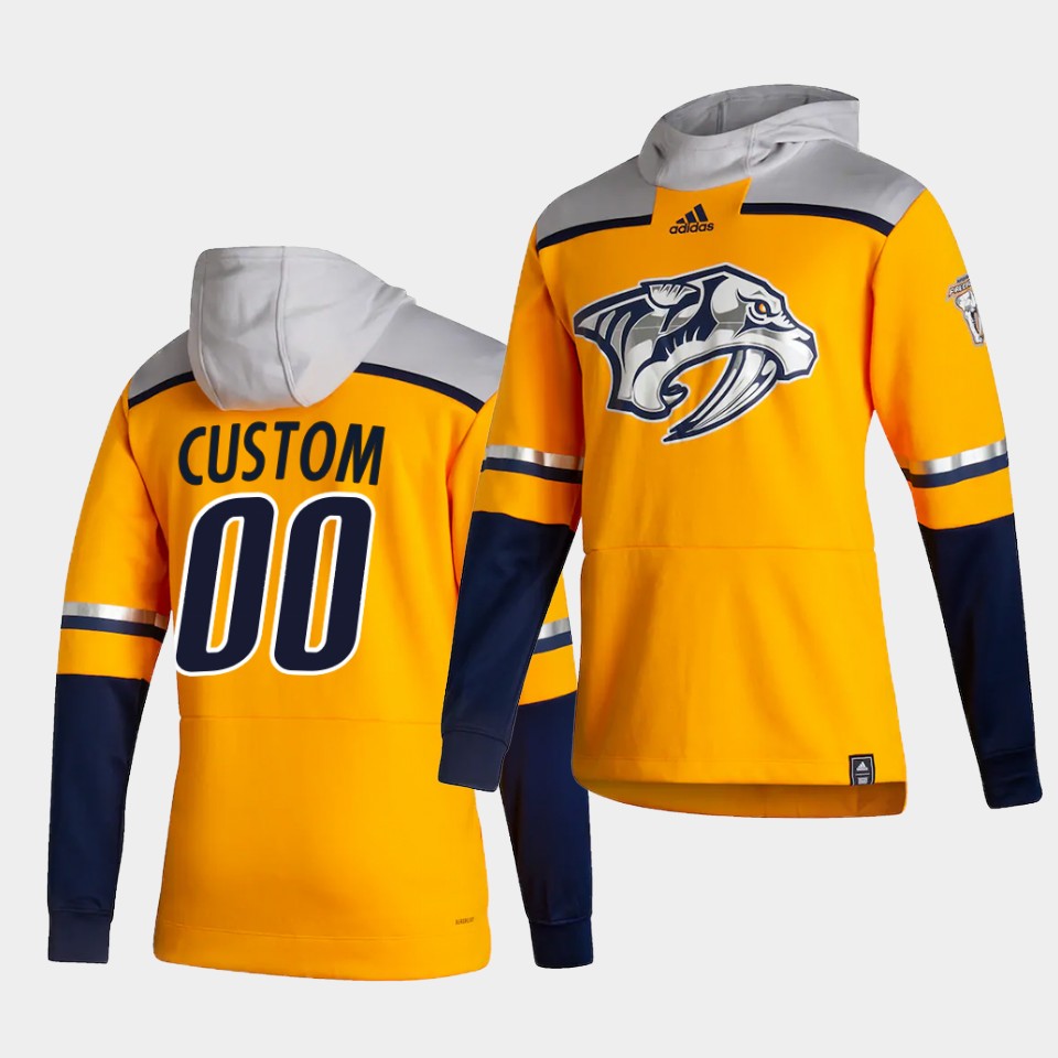 Men Nashville Predators #00 Custom Yellow NHL 2021 Adidas Pullover Hoodie Jersey